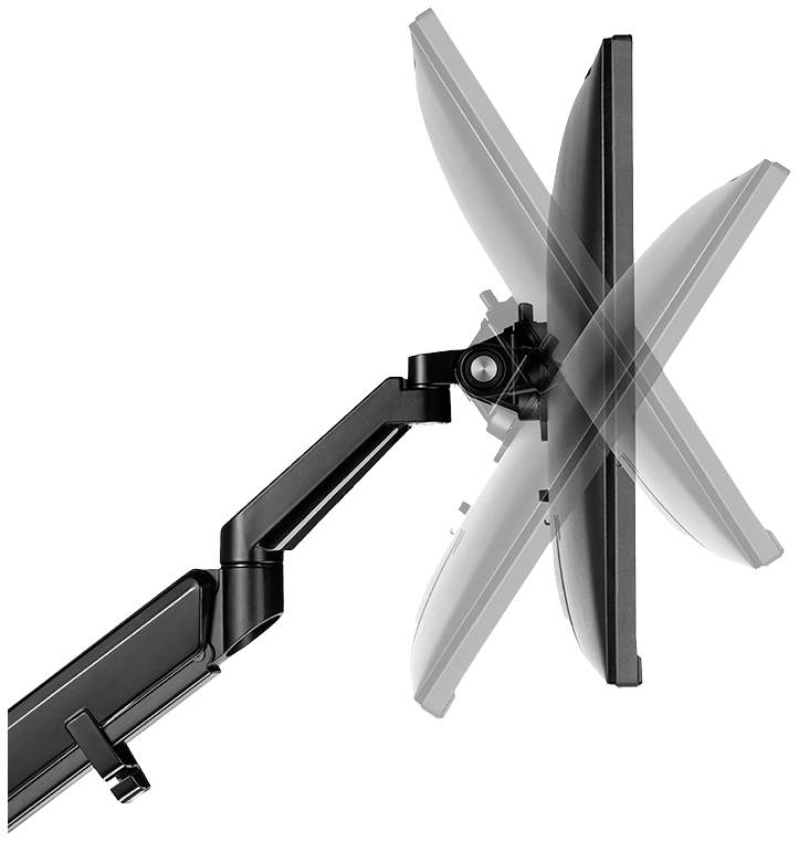 Un bras de moniteur noir flexible permet l'inclinaison et la rotation d'un moniteur dans différentes positions.