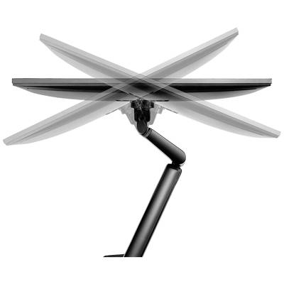 Un bras de moniteur noir illustrant la flexibilité d'inclinaison d'un écran dans différentes directions.