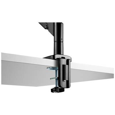 Un bras de support de bureau noir, solidement fixé à une table à l'aide d'une pince.