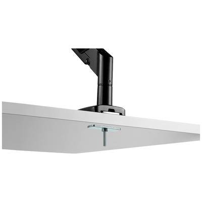 Bras de moniteur noir fixé à un bureau blanc. Le bras est réglable en hauteur et présente un support stable.