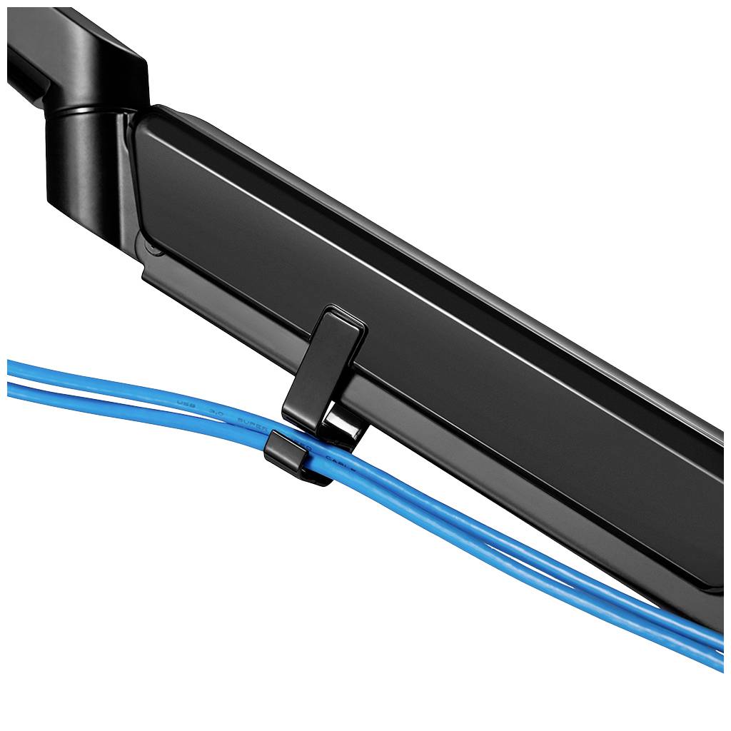 Un dispositif noir rectangulaire avec un support traversé par des câbles bleus.