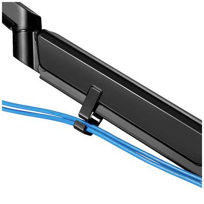 Un dispositif noir rectangulaire avec un support traversé par des câbles bleus.