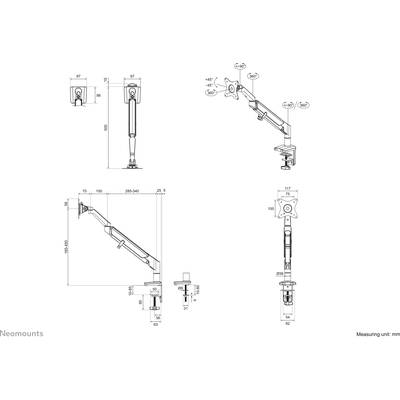 Dessin technique d'un bras d'écran avec dimensions en mm. Présente les vues latérale, frontale et de dessus du bras avec détails de fixation.
