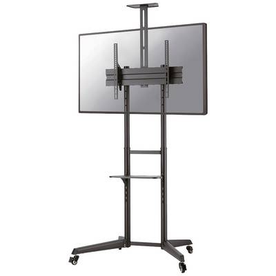 Un support de télévision noir réglable en hauteur, monté sur roulettes. Adapté aux grands écrans avec une étagère de rangement en dessous.