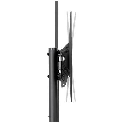 Vue latérale d'un support de télévision noir pour écrans plats, fixé à un tube en acier vertical.