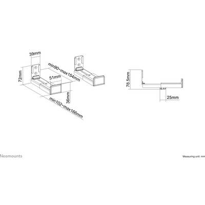 Dessin technique d'un support mural : Dimensions de 72 mm à 186 mm, vue de face et de côté. Unité de mesure : mm.