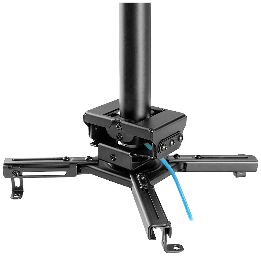 Un support de projecteur noir avec un câble bleu. Le support dispose de bras ajustables pour un positionnement au plafond.
