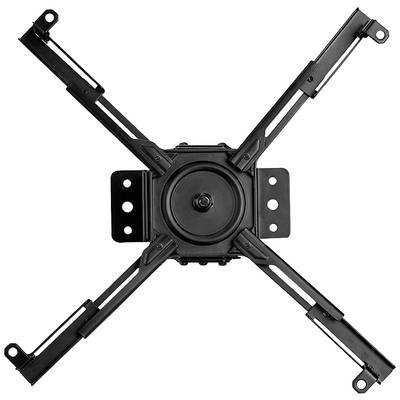'Support de télévision noir en métal, en forme de croix, fixé au plafond, avec bras ajustables, articulation centrale pivotante et plaques de montage.'