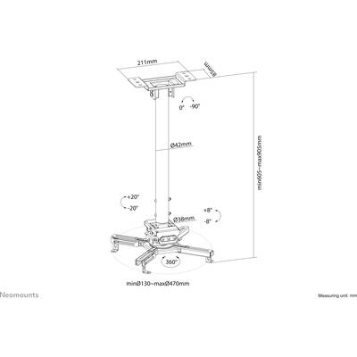 Diagramme de support de plafond projeté avec dimensions : hauteur 605-905 mm, largeur 211 mm, avec angles d'inclinaison et de rotation.