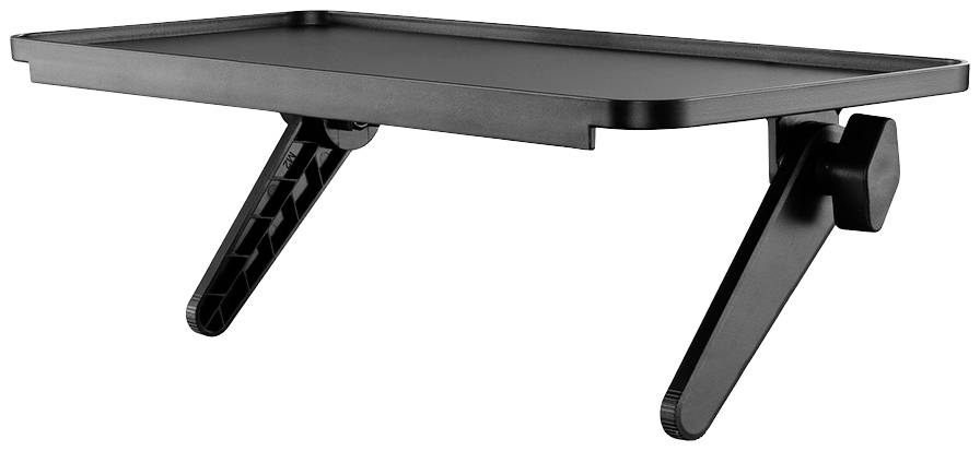 Un support de laptop noir avec des pieds réglables pour soutenir des appareils sur une surface stable.