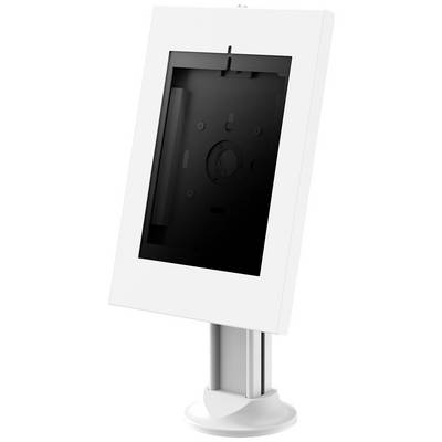 Un support de tablette blanc et incliné avec un écran vide, monté sur un support métallique, idéal pour des présentations.
