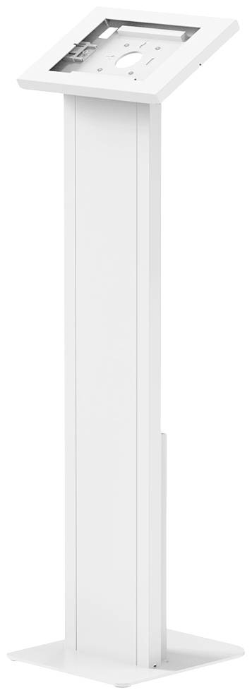 Un présentoir blanc de kiosque avec une tablette intégrée au sommet, incliné pour faciliter l'interaction utilisateur, souvent utilisé dans les espaces publics.