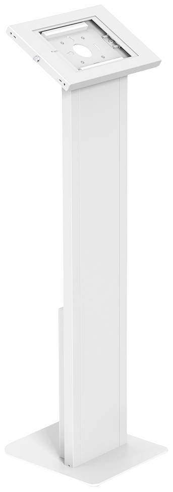 Support de tablette blanc en métal, adapté pour les présentations ou les expositions.