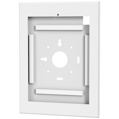 Un cadre blanc rectangulaire avec des ouvertures et des supports. Adapté pour fixer des appareils sur un mur.