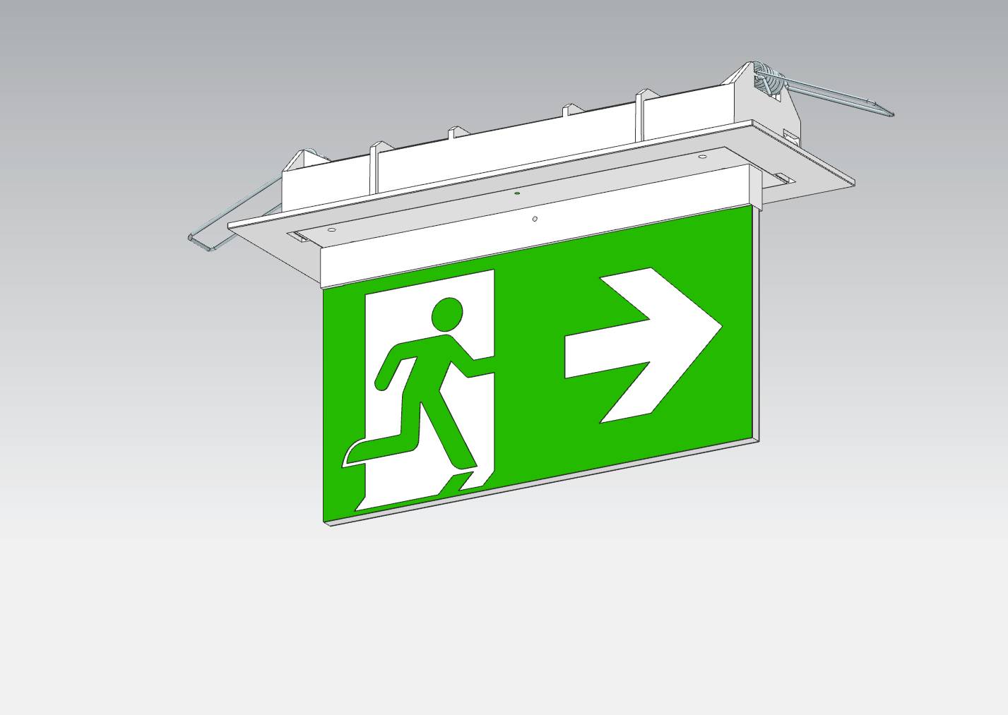 Panneau de sortie de secours vert avec un pictogramme représentant une personne courant vers la droite, indiquant la direction de la sortie.