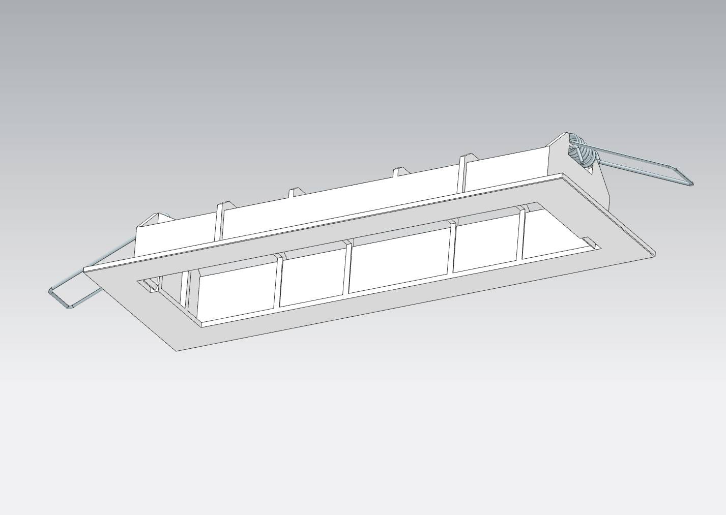 Luminaire encastré avec cadre rectangulaire et quatre inserts de lentilles carrés, équipé latéralement de supports de montage.