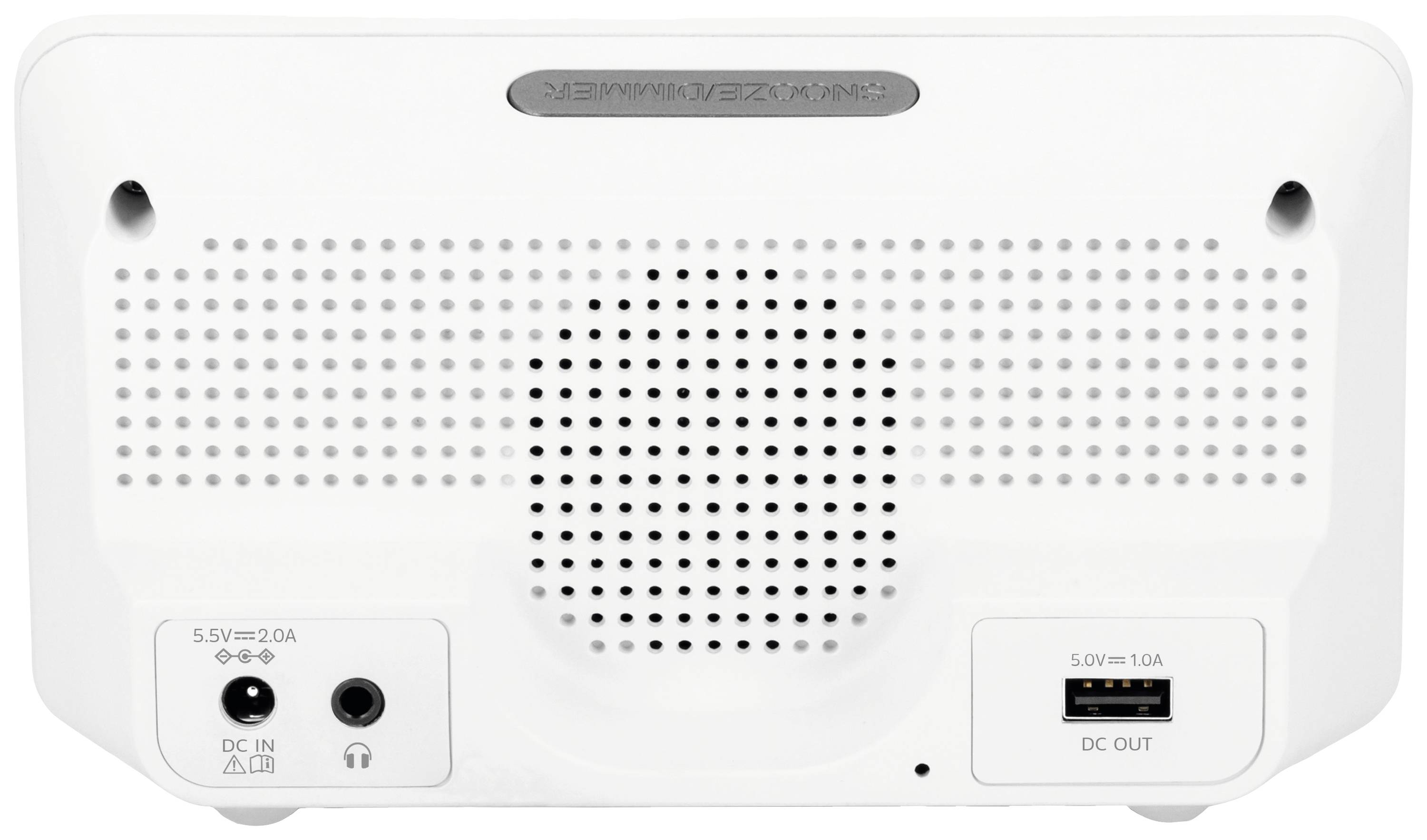 Dos d'un appareil blanc avec un haut-parleur, une connexion d'alimentation et une sortie USB. Texte : '5.2V ⎓ 2.0A' et '5.0V ⎓ 1.0A'.