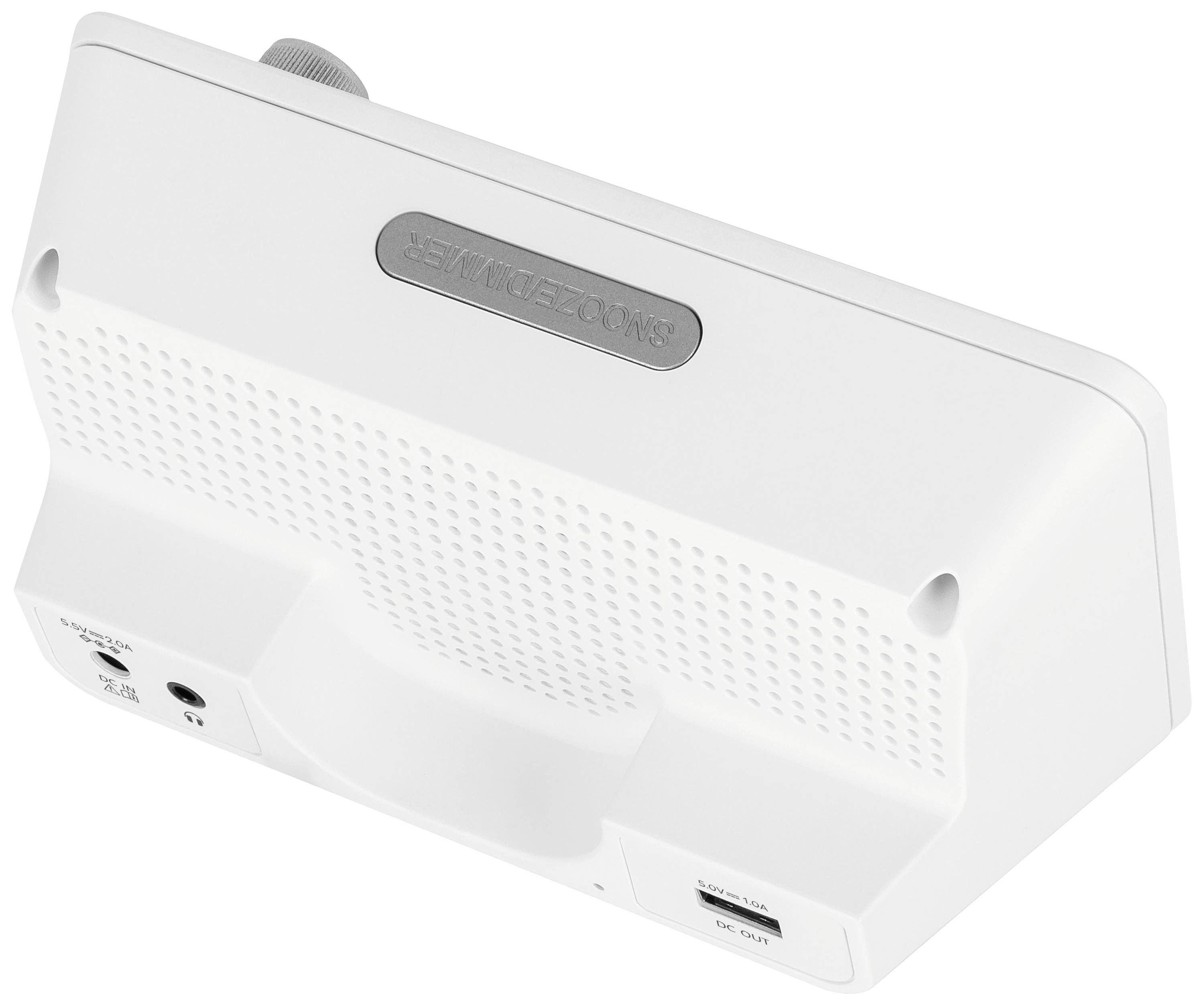 Dos électronique blanc d'un appareil avec des ports pour l'alimentation électrique et HDMI. Une surface grise en haut avec un logo illisible.