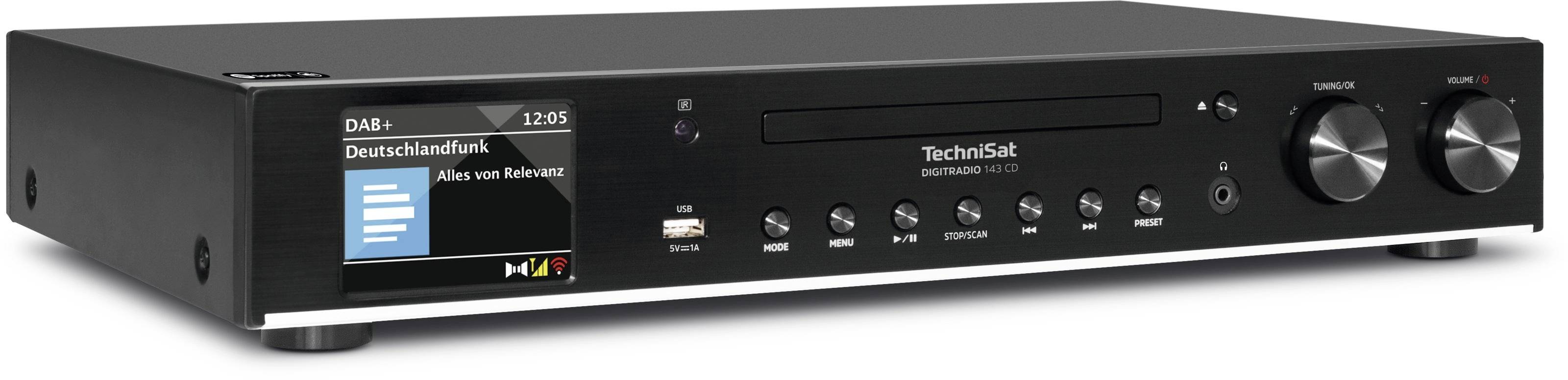 Récepteur radio noir avec affichage numérique. Indique 'DAB+ Deutschlandfunk'. Plusieurs touches et deux grands boutons de réglage du volume.