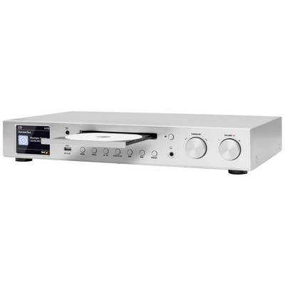 Lecteur CD argenté moderne avec le plateau ouvert, l'écran affichant 'Wolfgang Amadeus Mozart', touches de contrôle et deux boutons rotatifs.