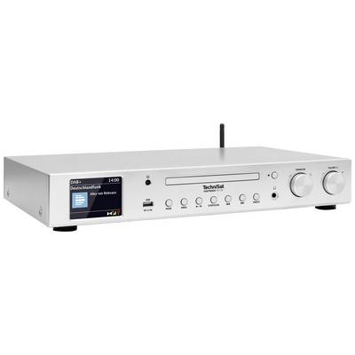 Un récepteur Hi-Fi argenté de TechniSat avec écran, touches et boutons pour les réglages et le contrôle. Réception de DAB+ et FM.