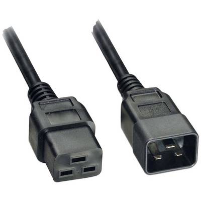 Deux fiches IEC noires, femelle à gauche et mâle à droite, sur un câble noir. Pour l'alimentation électrique des appareils électroniques.