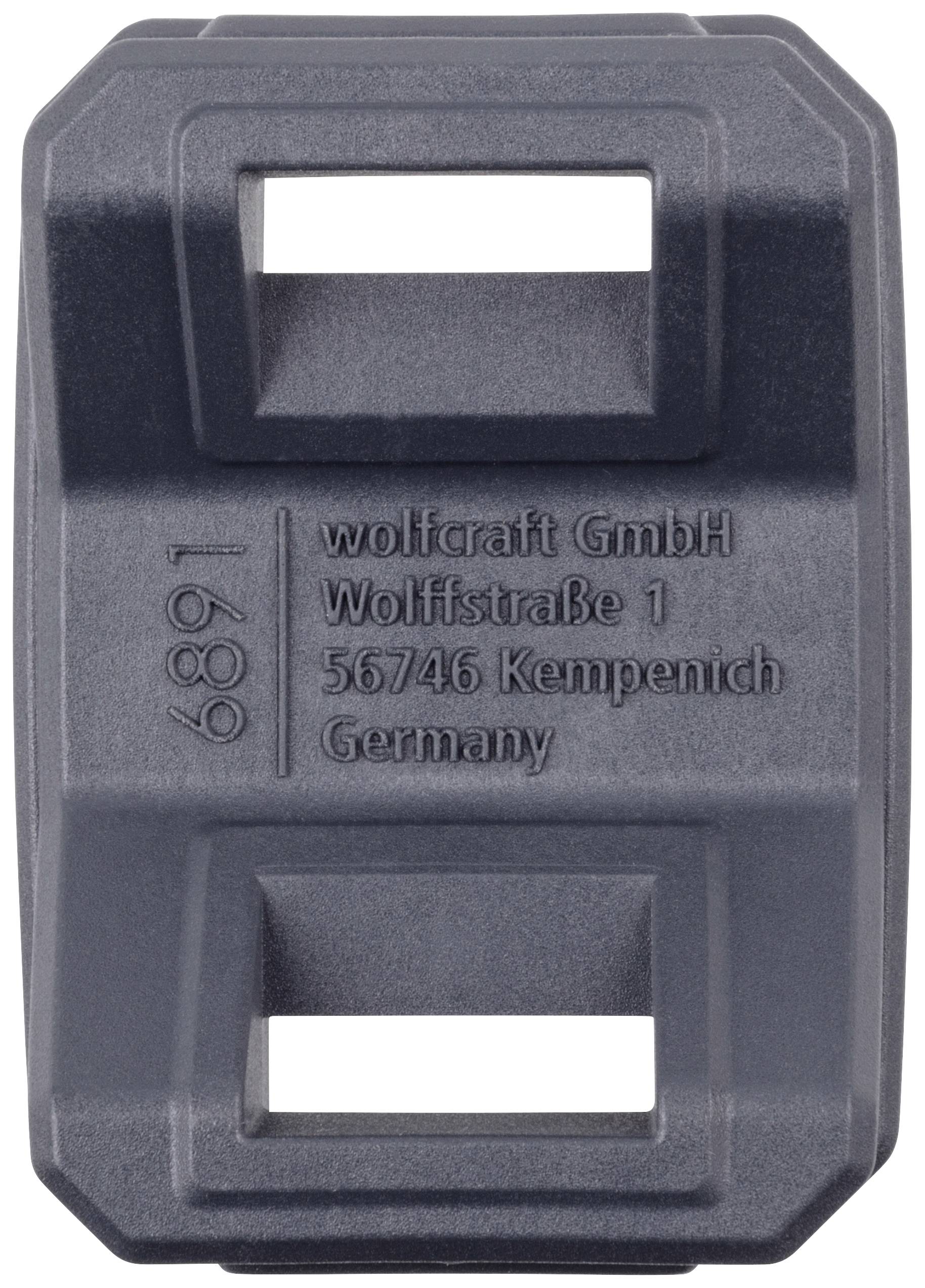 Pièce en plastique grise portant la gravure 'wolfcraft GmbH, Wolffstraße 1, 56746 Kempenich, Germany' et le numéro '6891'.