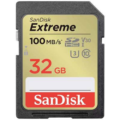Carte SD 'SanDisk Extreme' avec 32 Go d'espace de stockage, classe de vitesse UHS-I U3, vitesse de lecture allant jusqu'à 100 Mo/s.