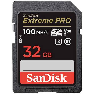 Carte mémoire SanDisk Extreme PRO de 32 Go, vitesse de 100 Mo/s, adaptée aux enregistrements vidéo HD, design noir et rouge.