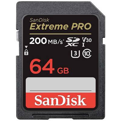 Carte SanDisk Extreme PRO SD, 64 Go, vitesse de lecture de 200 Mo/s. Idéale pour les prises de vue photo et vidéo de haute qualité.