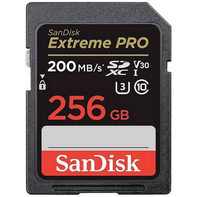 Carte SD SanDisk Extreme PRO de 256 Go, vitesse d'écriture jusqu'à 200 Mo/s, adaptée aux prises de vue photo et vidéo haute résolution.