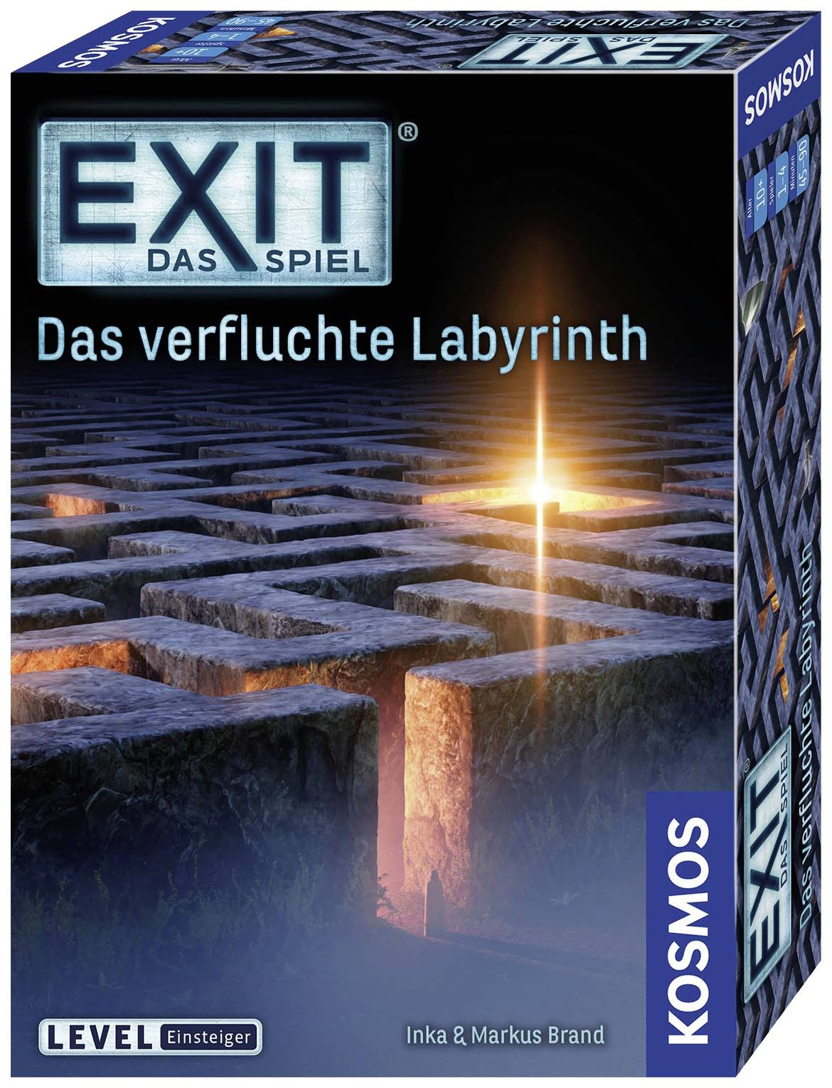 Jeu de société 'EXIT - Le Jeu : Le Labyrinthe Maudit'. Présente un labyrinthe avec une sortie lumineuse. Niveau : Débutant. Éditions Kosmos.
