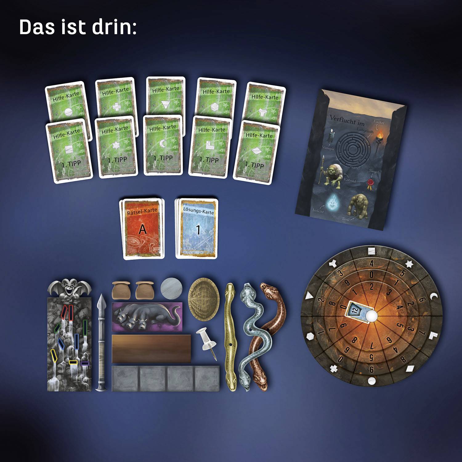 L'image montre le plateau de jeu, les cartes, les pions et les accessoires de jeu d'un jeu de société. En haut est inscrit le texte 'Voici ce qu'il y a'.