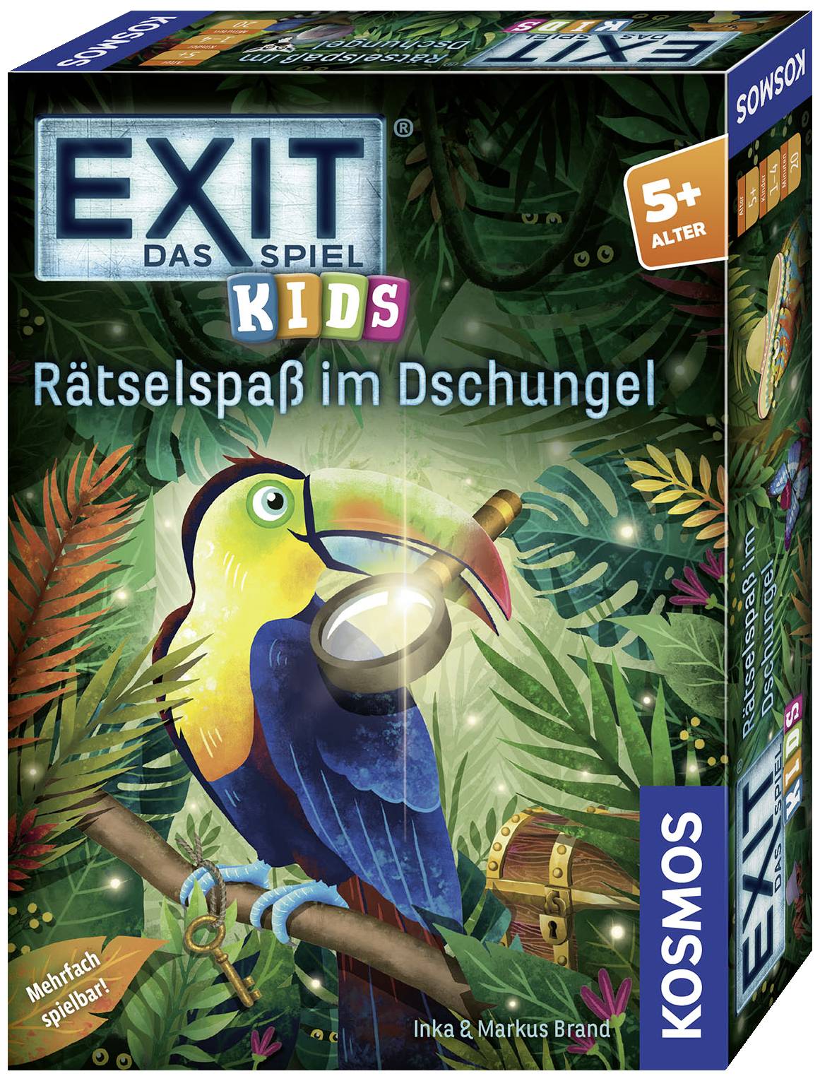 Boîte de jeu de 'EXIT – Le Jeu KIDS'. Titre : 'Plaisir des énigmes dans la jungle'. Représente un oiseau coloré avec une loupe dans la jungle.