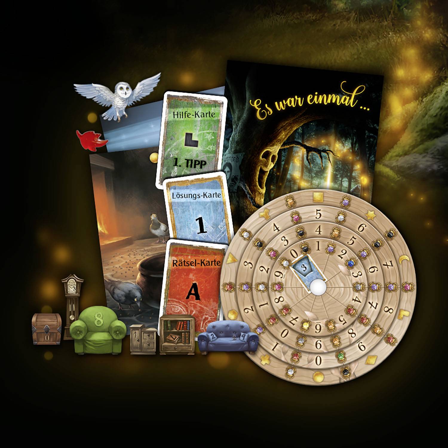 Un ensemble de jeu comprenant des cartes, une roue numérique rotative et des figurines. Une carte porte le titre 'Il était une fois'. Scène de forêt mystique en arrière-plan.