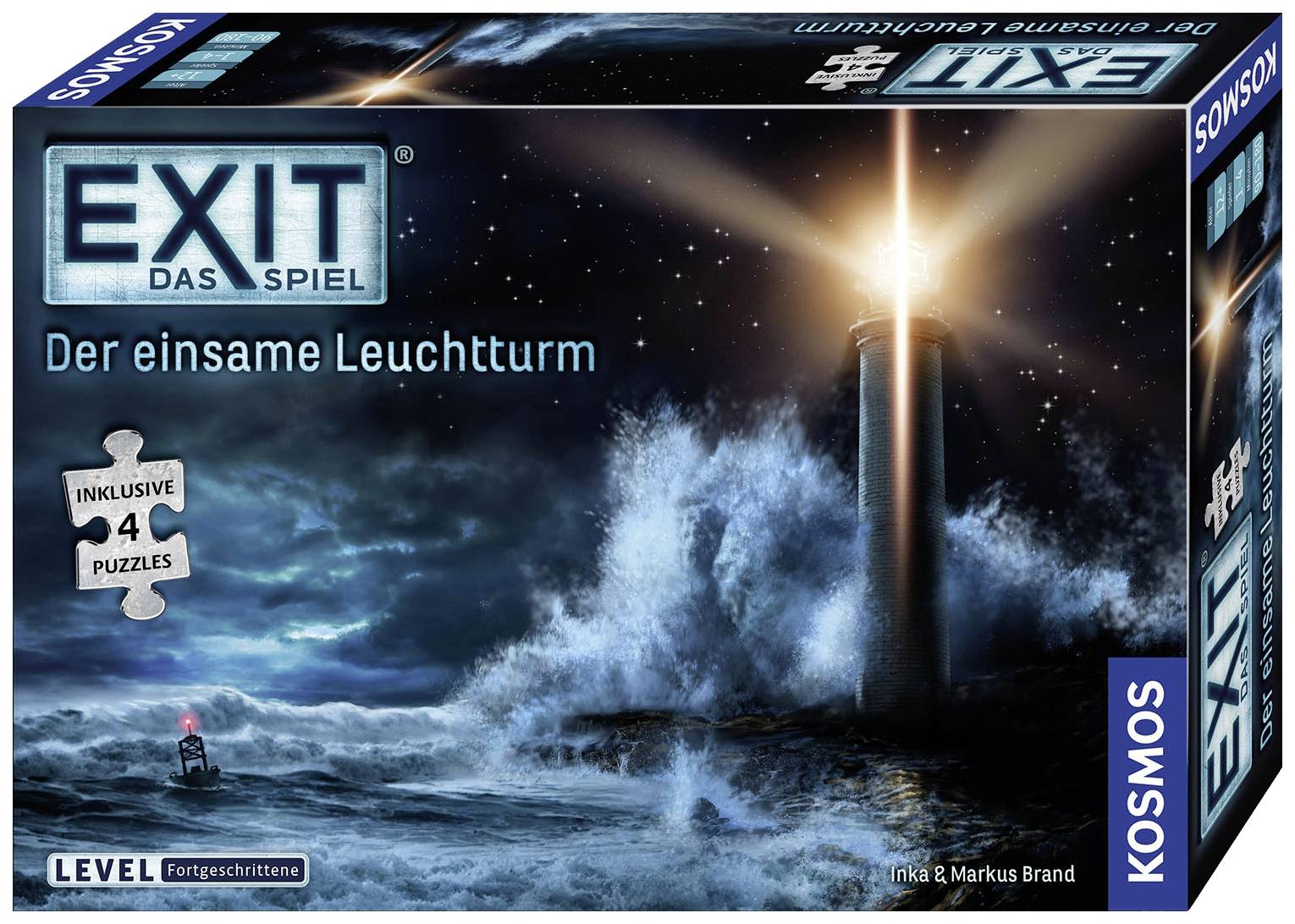 Jeu de société 'EXIT : Le Jeu – Le Phare Solitaire' représente un phare au milieu d'une mer déchaînée. Contient quatre énigmes, niveau Avancé.