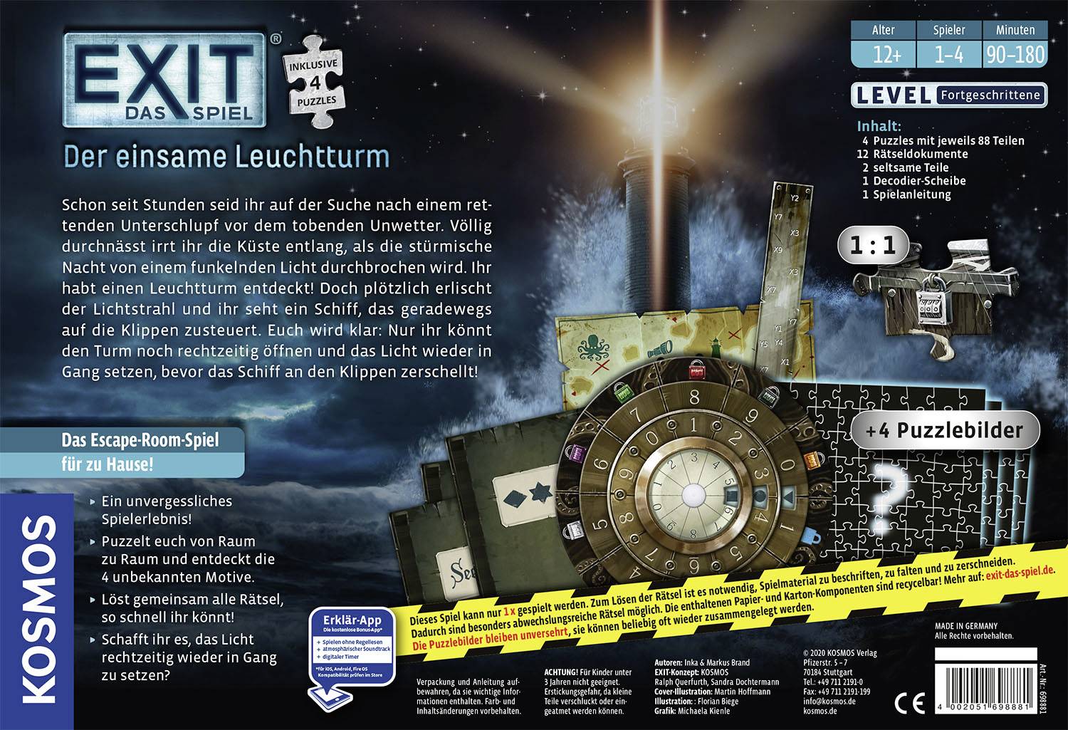 'EXIT - Le Jeu : Le Phare Solitaire' Jeu de société pour 1-4 joueurs à partir de 12 ans. Contient des pièces de puzzle, des cartes et un livret de règles. Niveau : Avancé.