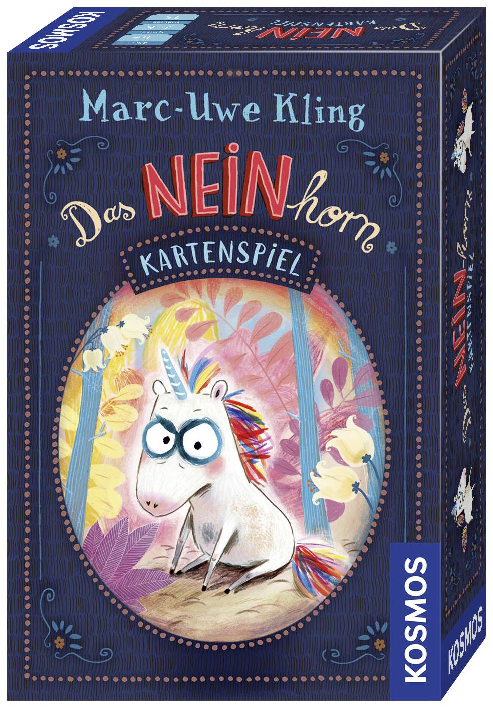 Boîte pour le jeu de cartes 'La Licorne NON' de Marc-Uwe Kling, représentant une licorne à lunettes entourée de plantes colorées.