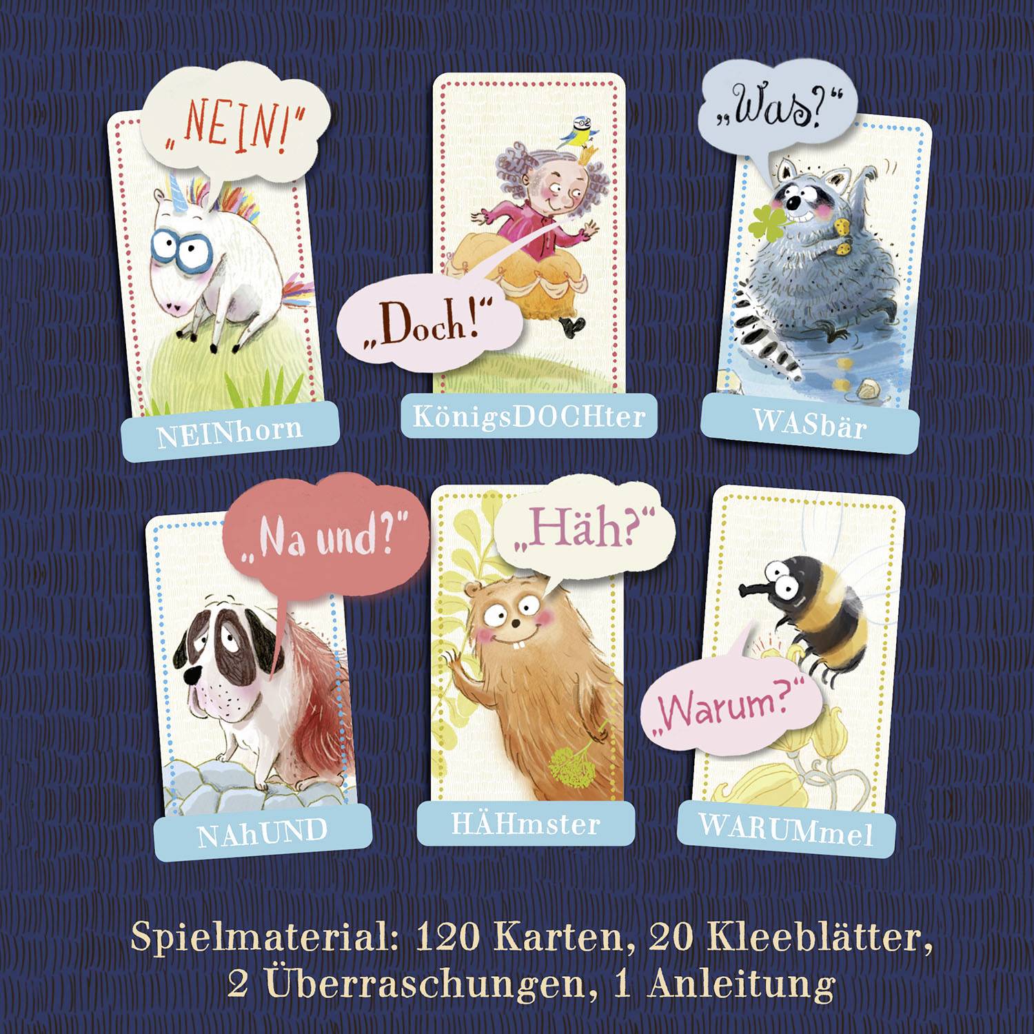 Six animaux de bande dessinée avec des bulles de dialogue : « NEINcorne », « PrincesseMÊME », « QUOIours », « PROCHEchien », « HIHamster », « POURQUOImoth ». Détails du matériel de jeu ci-dessous.