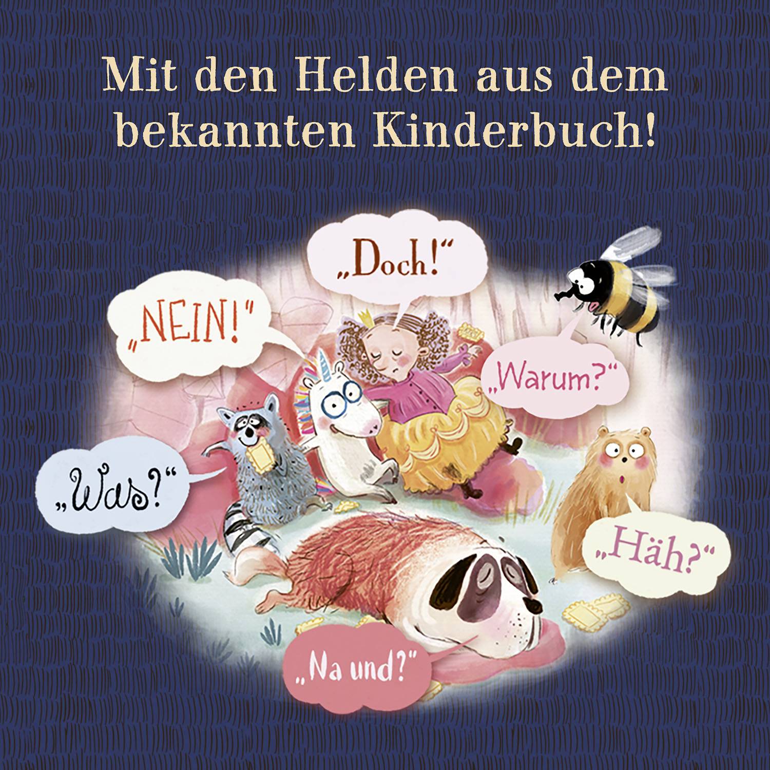 Illustration de livre pour enfants avec des animaux et une fille dans un lit. Des bulles de dialogue montrent des mots comme 'NON !', 'Pourquoi ?' et 'Et alors ?'.