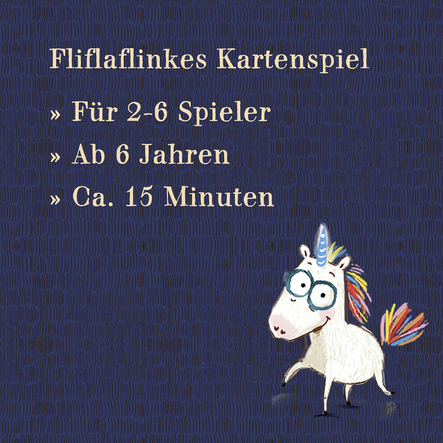 "Fliflaflinkes Jeu de cartes" pour 2-6 joueurs à partir de 6 ans, durée de jeu d'environ 15 minutes. Illustration d'une licorne souriante.