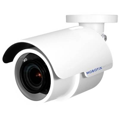 Caméra de surveillance avec boîtier blanc et objectif noir, montée sur un support mural.