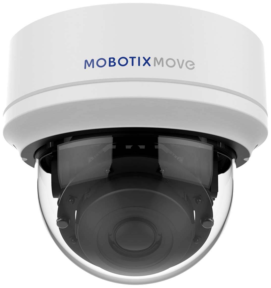 Caméra de surveillance 'MOBOTIX MOVE' au design en dôme orienté vers le bas. Elle convient aux applications de sécurité.