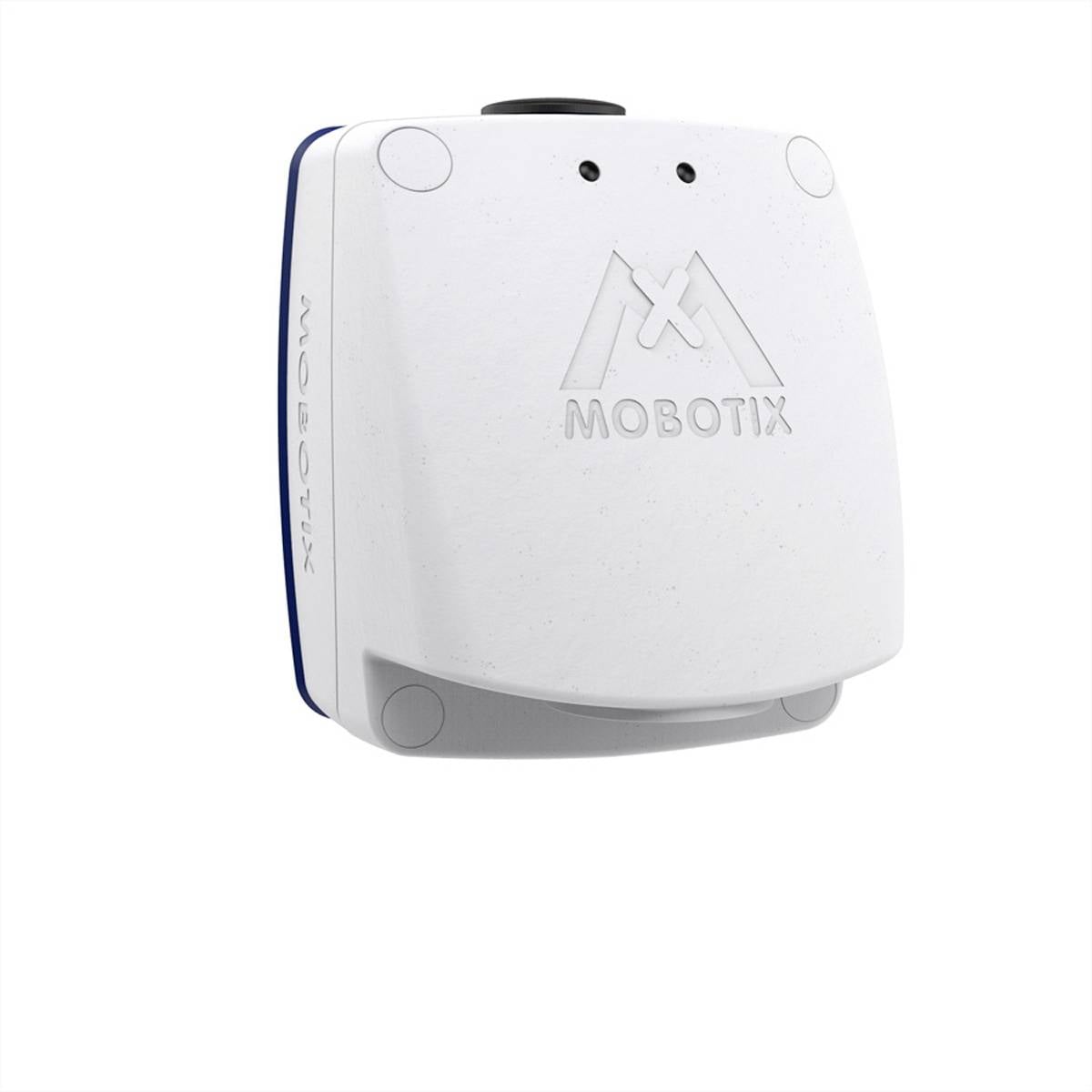 Un appareil photo blanc avec le logo de marque 'Mobotix' sur le devant. La caméra a une forme carrée aux coins arrondis.