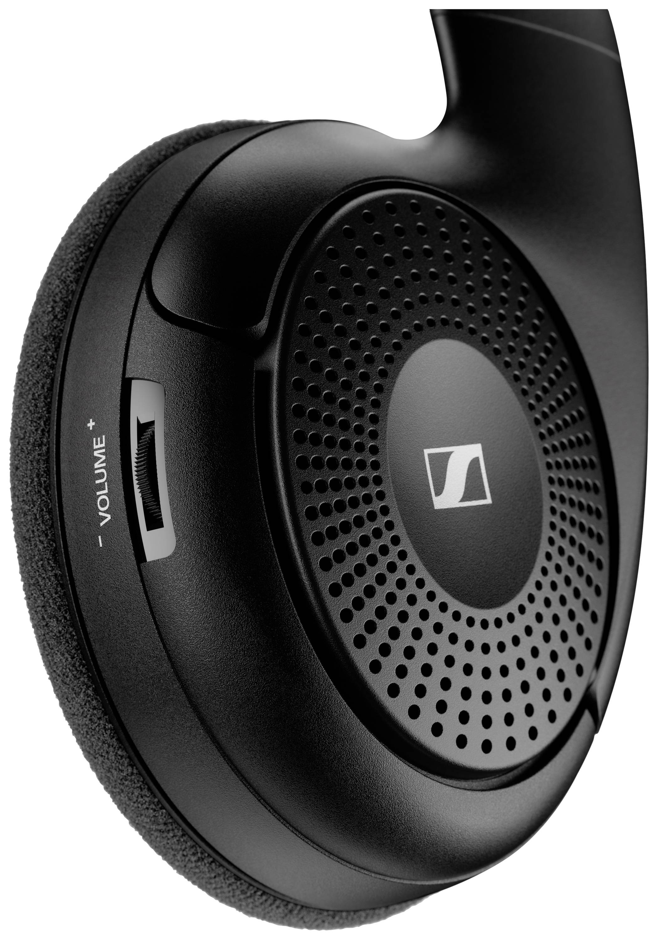 Casque audio noir et gris avec réglage du volume et motif à pois sur le pavillon de l'oreille.