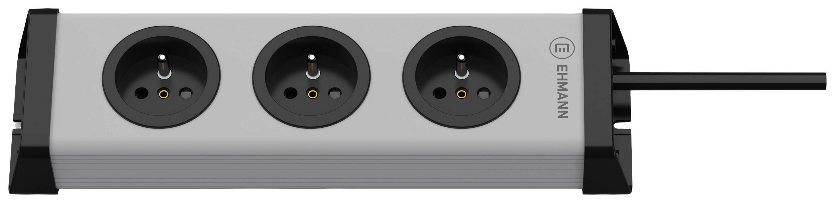 Multiprise triple avec prises bipolaires et câble noir, adaptée aux appareils électriques.