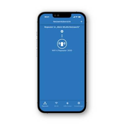 Un smartphone affiche une application réseau avec des informations sur un répéteur dans le réseau Wi-Fi, modèle « Répéteur Wi-Fi 6 3000 ».