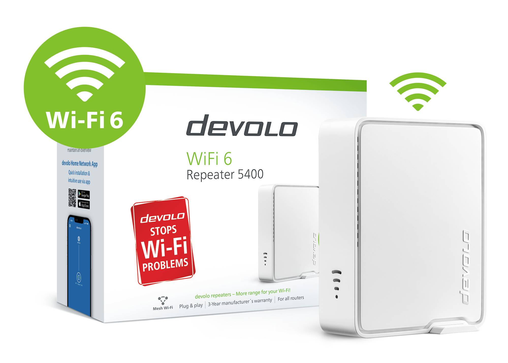 Emballage et appareil du 'Répéteur WiFi 6 Devolo 5400'. Texte 'devolo résout les problèmes de Wi-Fi'. Symbole WiFi 6 affiché.