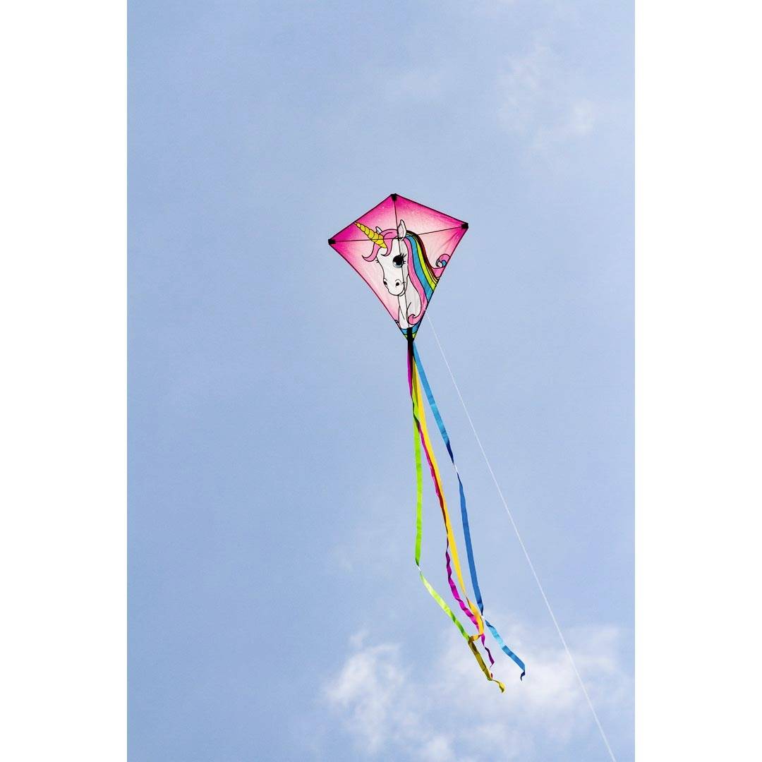 Un dragon rose avec un motif de licorne vole dans un ciel bleu clair, ses queues multicolores flottant au vent.