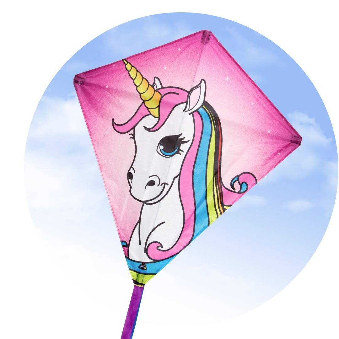 Un dragon rose avec une licorne imprimée et une crinière arc-en-ciel devant un ciel bleu.